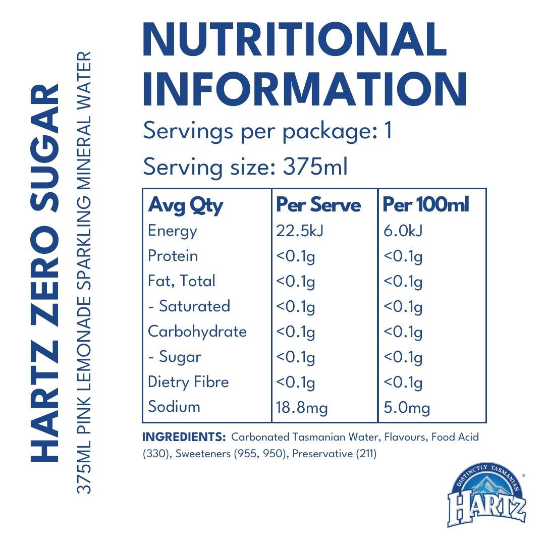 Hartz Zero Sugar Pink Lemonade - 12 x 375ml