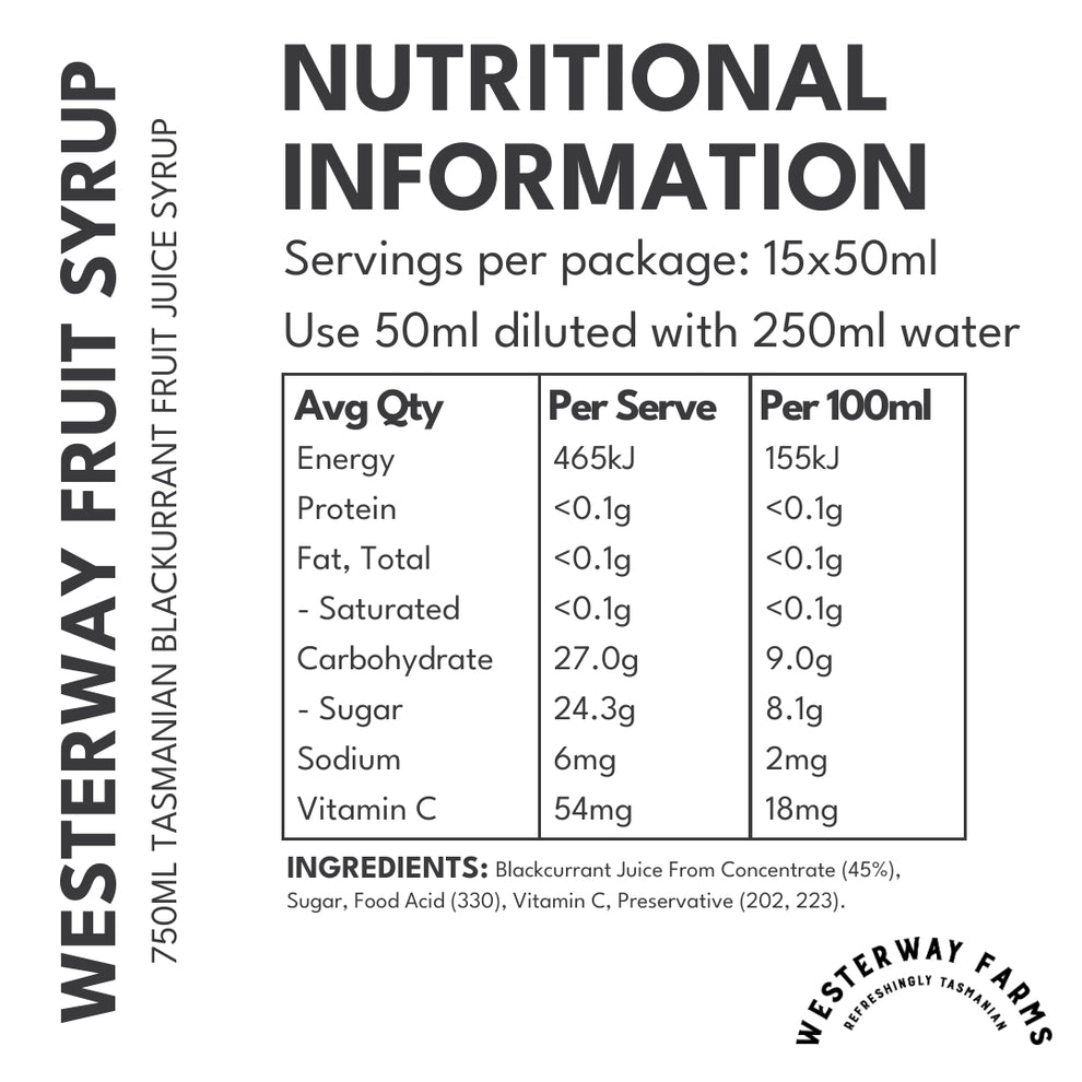 Westerway Farms Blackcurrant Syrup - 8 x 750mL – Tasmanian Drinks Company